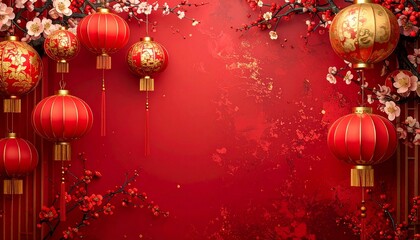 minimalist chinese new year background, red and gold theme with lanterns and flowers