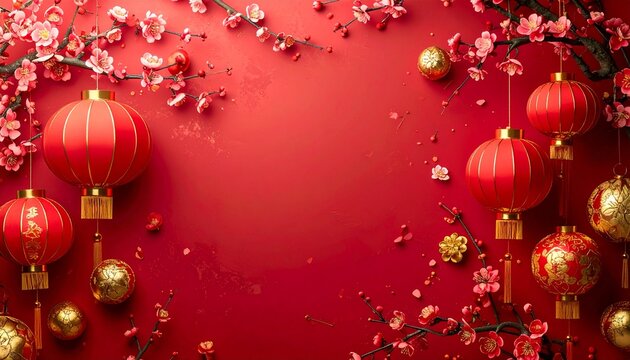 minimalist chinese new year background, red and gold theme with lanterns and flowers - Powered by Adobe