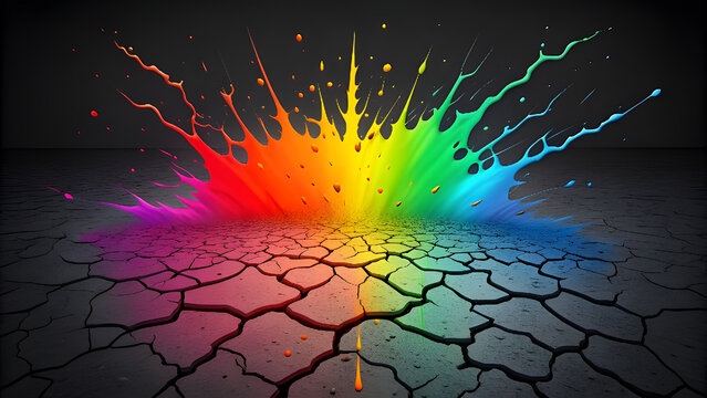 Vibrant rainbow paint splash explodes on cracked earth