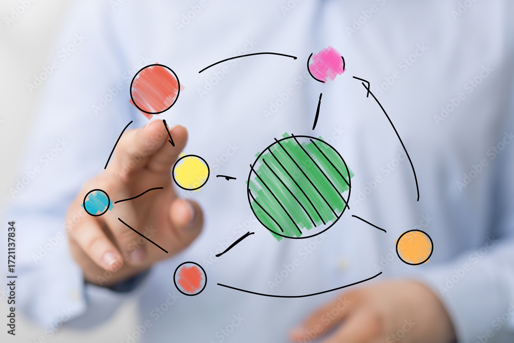 Poster abstract image of hand interacting with a colorful network diagram. perfect for business, technology