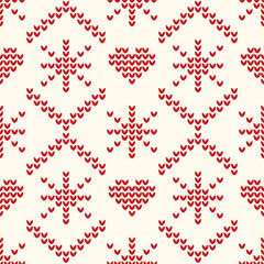 Vector seamless knit pattern with snowflakes and hearts. Perfect for clothing prints, wallpapers, and seasonal craft projects