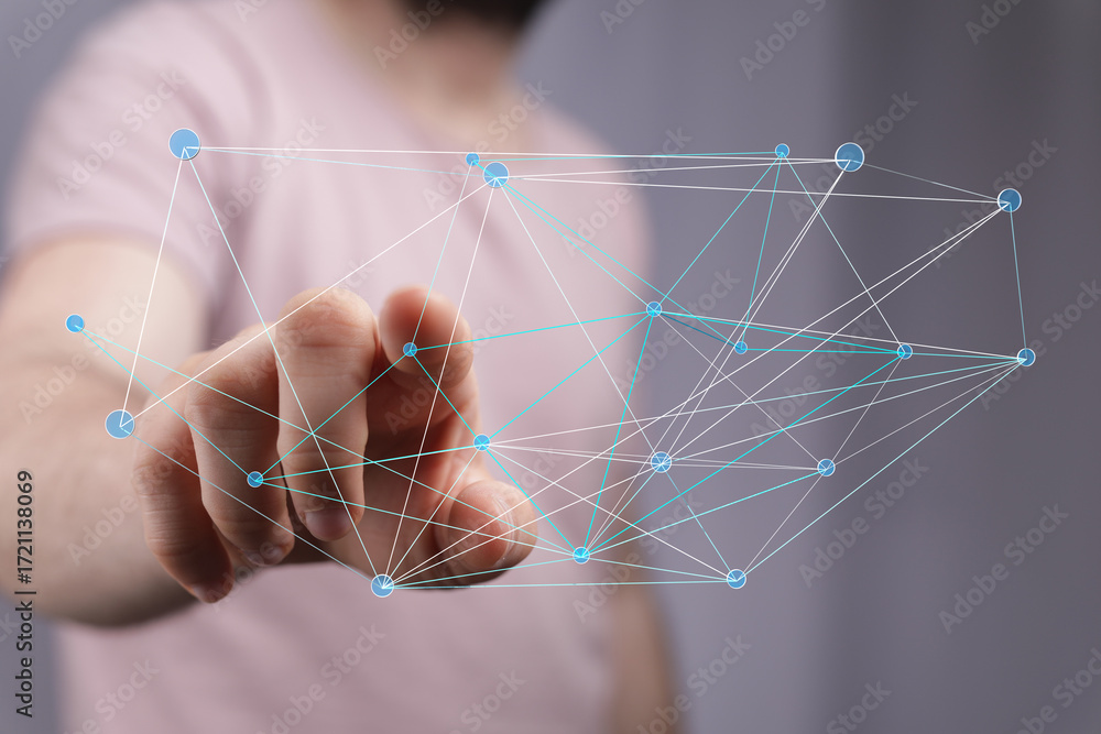 Poster abstract image of a hand interacting with a digital network. ideal for technology, connection, and g