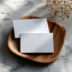 Blank business card wood plate marble table minimal white paper mockup sunlight elegant clean