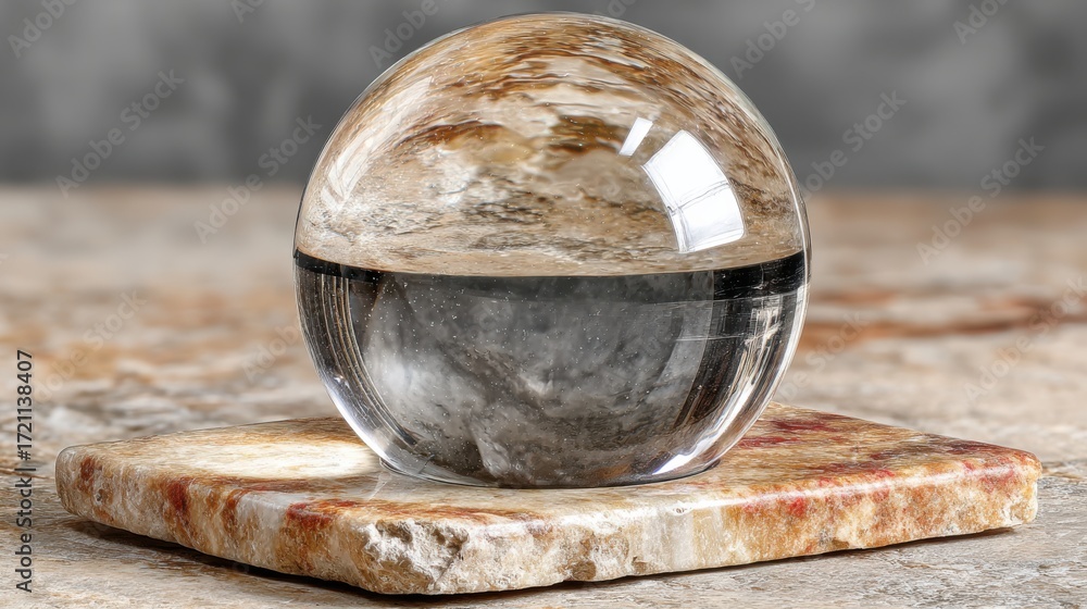 Poster crystal sphere on stone surface for artistic reflection and focus in calm and balanced environment