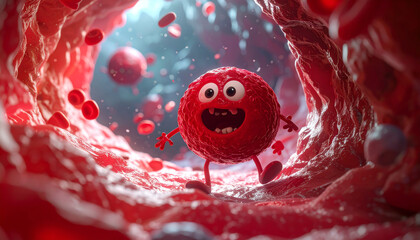 Surprised red blood cell character on cartoon journey inside blood vessel. biology and anatomy concept for medicine