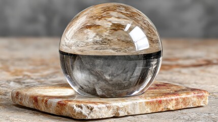 Crystal Sphere on Stone Surface for Artistic Reflection and Focus in Calm and Balanced Environment
