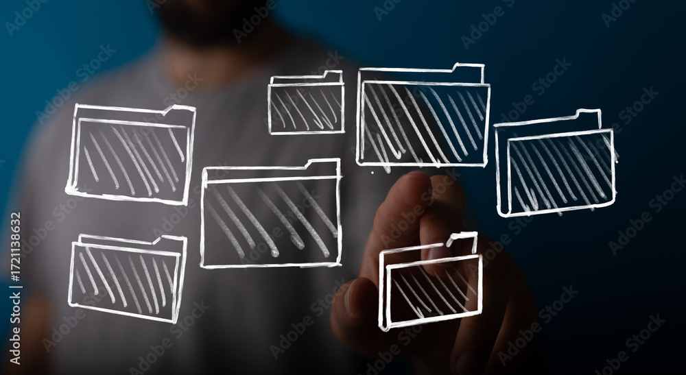 Poster abstract image of a person interacting with digital files, representing data management, organizatio