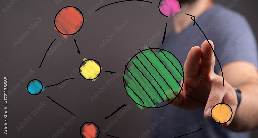 Poster abstract image of a man interacting with a colorful network diagram, perfect for technology, connect