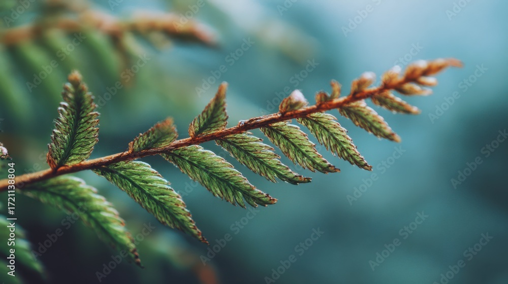 Poster close-up of fresh green fern leaf with dew drops in soft focus background of nature highlighting tex