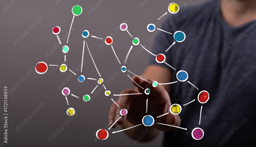 Poster interactive network graphic. colorful nodes and connections represent global communication, teamwork