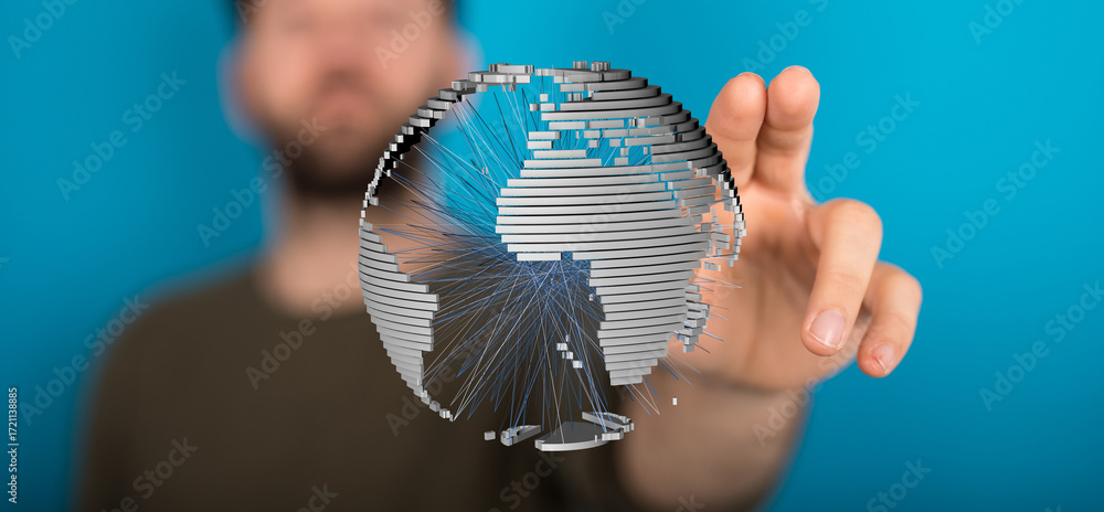 Poster futuristic image of a man interacting with a 3d holographic globe, representing global connection an