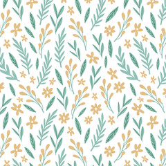 Fototapeta premium Doodled botany plants seamless repeat pattern. Random placed, various vector flowers, leaves, herbs, berries and branches illustration all over surface print on white background. 