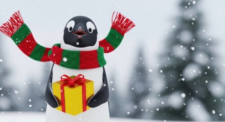 Adorable Cartoon Penguin with Christmas Gift in Snowy Winter Wonderland