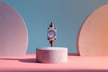 Stylish pressure gauge on a minimalistic pedestal surrounded by abstract shapes in a pastel color scheme