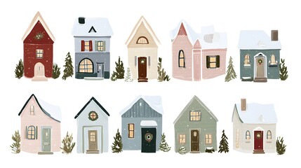 Fototapeta premium Cute cartoon houses in winter. Flat illustration on a white background. Hand drawn watercolor illustration of houses in the city. Christmas card