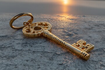 Vintage golden key resting on a textured surface with a beautiful sunset landscape in the background presenting luxury and elegance