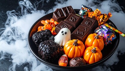 Spooky Halloween treats with chocolates, candy pumpkins and a ghostly surprise, all nestled in swirling fog creating a festive and fun celebration, perfect for holiday promotions