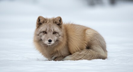 Naklejka premium Alert Tan Fox Sitting Calmly in Snowy Winter Landscape