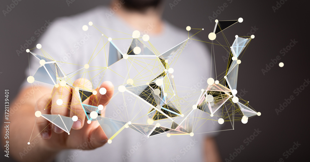 Poster abstract image of a hand interacting with a digital network, representing connection, technology, an