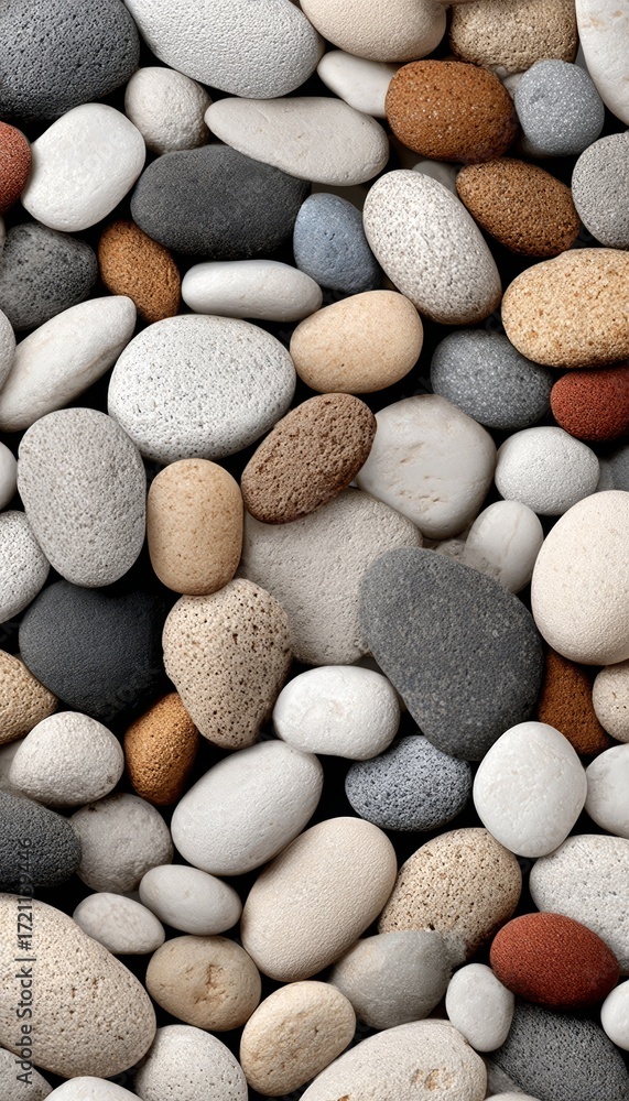 Poster Colorful Assorted Pebble Stones Background from Natural Riverbed, Smooth Textures and Patterns.
