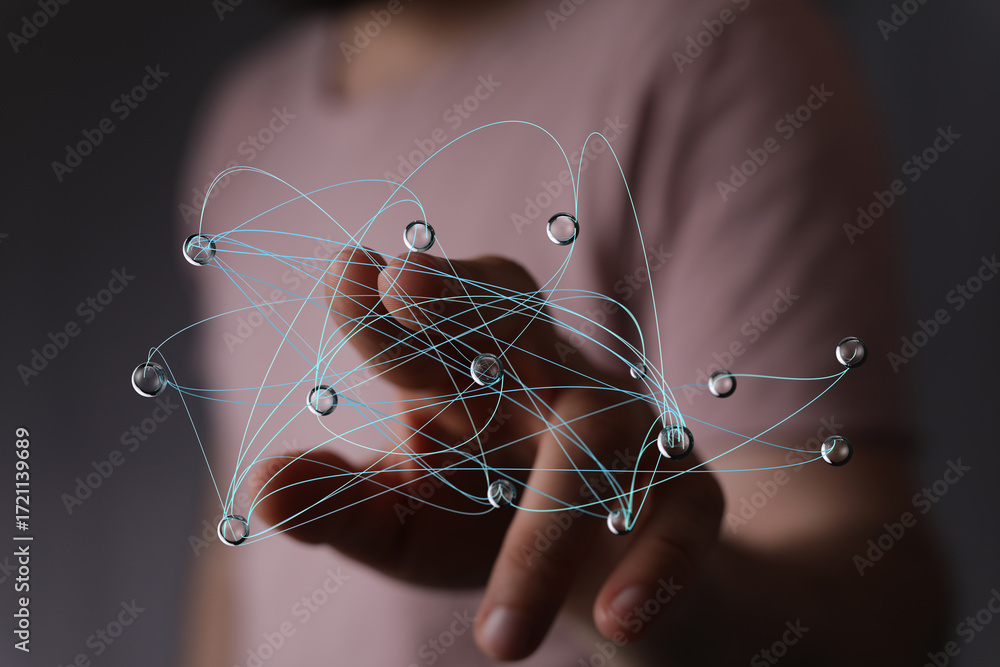 Poster abstract image of hand interacting with a network. represents connection, technology, global communi