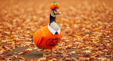 Funny Goose in Pumpkin Halloween Costume Standing Amidst Autumn Leaves