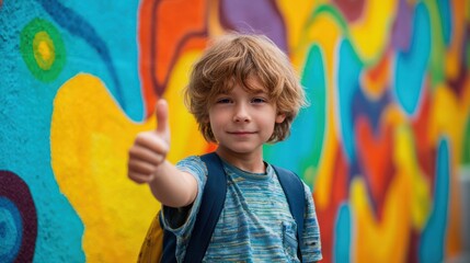Cheerful child with curly hair giving thumbs up in front of a colorful graffiti wall showcasing vibrant art and creativity.
