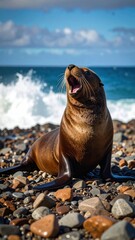 Fototapeta premium Sea Lion Resting on Rocky Shore with Ocean Waves in Background