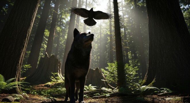 Majestic Black Wolf Gazing at a Raven in a Mystical Sunlit Forest