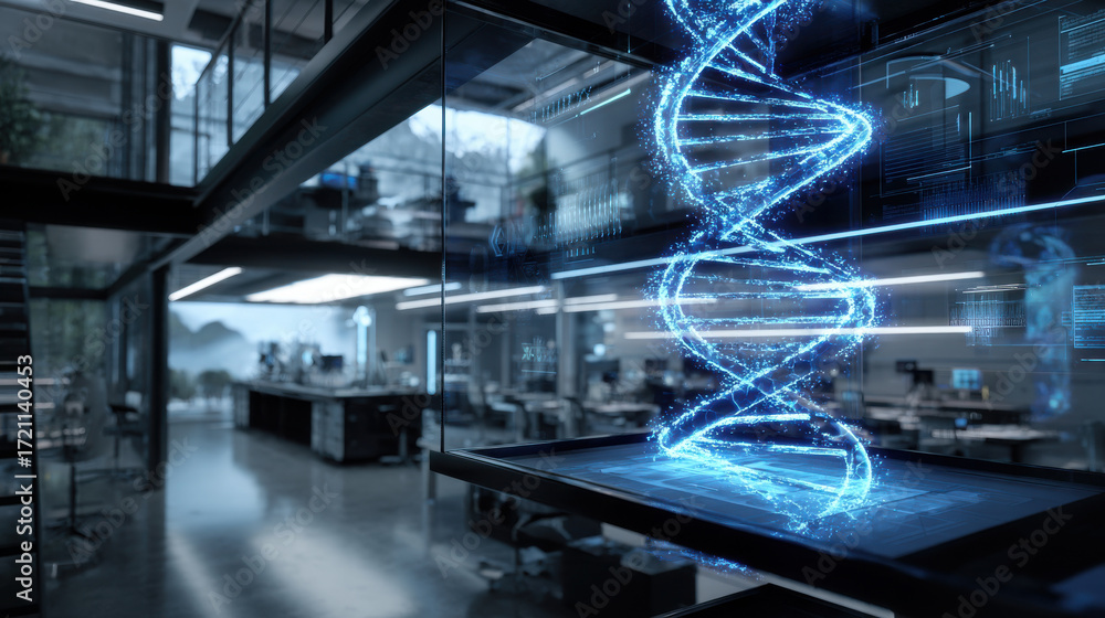 Poster modern laboratory features glowing dna structure integrated into high tech database system, showcasi