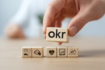 OKR Concept: A person's hand places the okr block on wooden cubes which contain various business-related icons