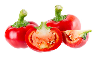 Sweet round peppers isolated on white background. Ripe round red paprika. Clipping path.