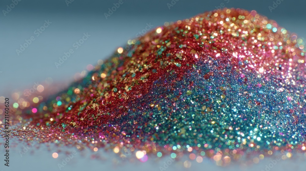 Poster colorful glitter pile shimmering under soft light creating a sparkling effect with various reflectio