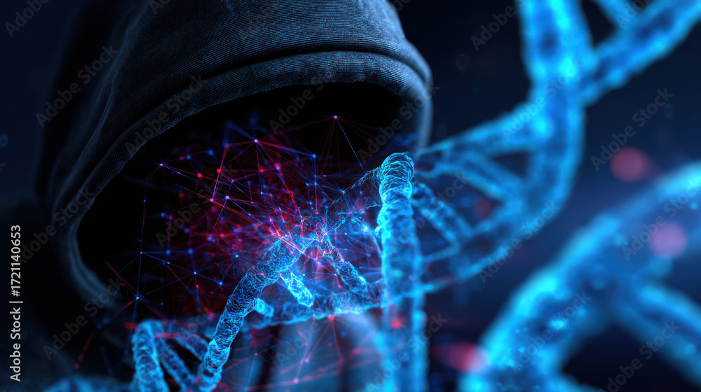 Poster mysterious figure shrouded in hood interacts with glowing dna database system, symbolizing fusion of