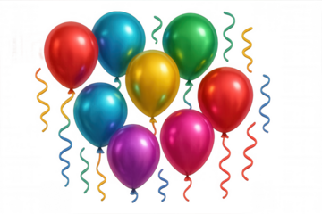 Colorful metallic balloons and curly confetti streamers for cheerful party events and celebration decoration, transparent background