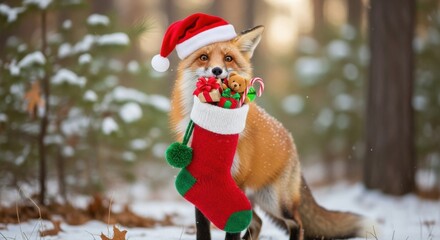 Adorable Fox in Santa Hat Holding Christmas Stocking with Gifts in Snowy Forest