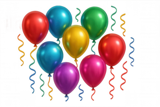 Colorful metallic balloons and curly confetti streamers for cheerful party events and celebration decoration, transparent background