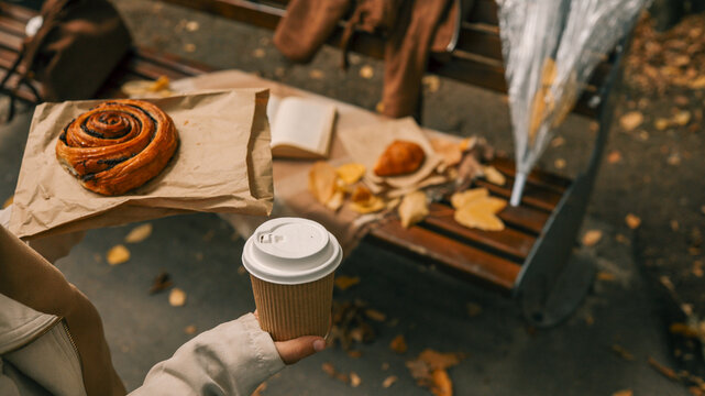 Autumn picnic with coffee and pastry