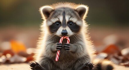 Adorable Baby Raccoon Eating Candy Cane Amongst Warm Autumn Leaves