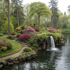Blooming garden with waterfall in springtime