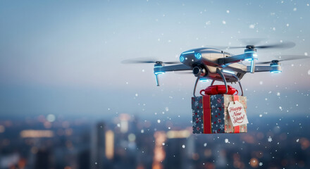 Drone delivering a Happy New Year gift box over a city at dusk with falling snow. Winter holiday delivery concept for festive season.