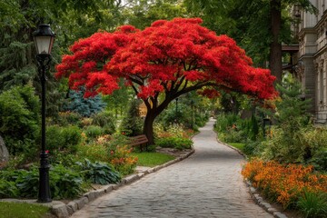 Red tree, paved path, lush garden