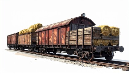 Obraz premium Train hauling hay white background—rural logistics in motion, strength meets harvest.