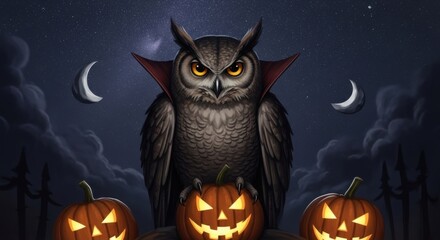 Spooky Vampire Owl Guarding Glowing Jack-o'-Lanterns Under Starry Halloween Night