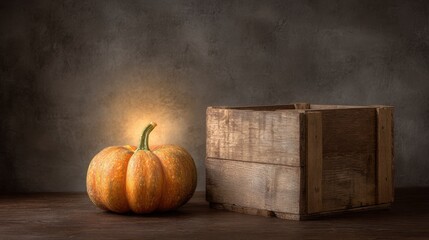 Rustic Pumpkin and Wooden Box on Table with Dramatic Lighting for Autumn and Harvest Themes
