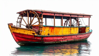 Obraz premium Colorful paddle boat with central wheel white background—retro propulsion meets playful design.
