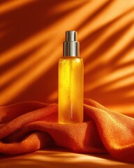 Bright Amber Liquid Infused with Bubbles in Elegant Spray Bottle on Vibrant Orange Background with Soft Textile