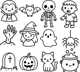 Vector black and white Halloween clipart set