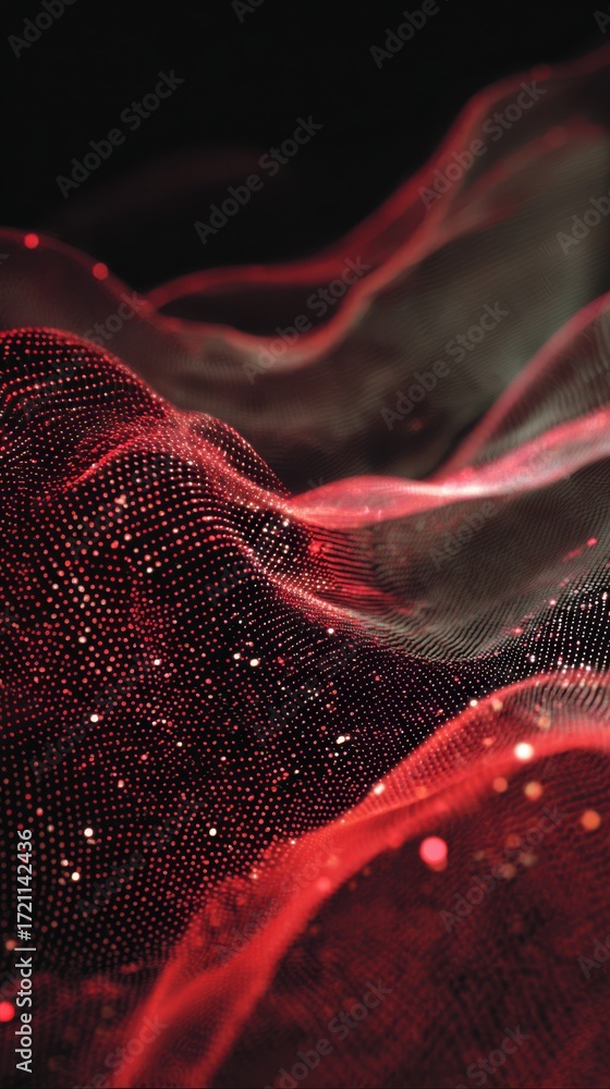 Poster abstract red and black wave pattern with glittering dots and fluid motion in a digital style