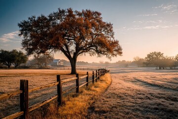 Rustic autumn sunrise, frosted field